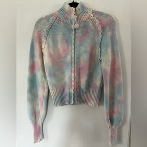 LoveShackFancy Pastel Tie-Dye Zip Cardigan in Blue, Pink, Cream